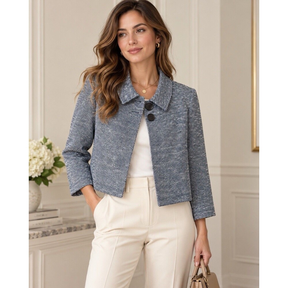 Blue White Cropped Tweed Jacket Women M Preppy Quiet Luxury Jackie O Old Money